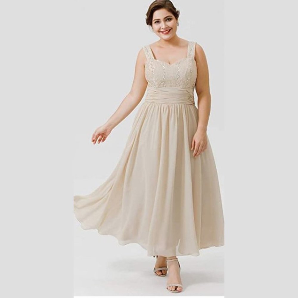 Women's 22 Size Tea Length Chiffon Beaded Lace
